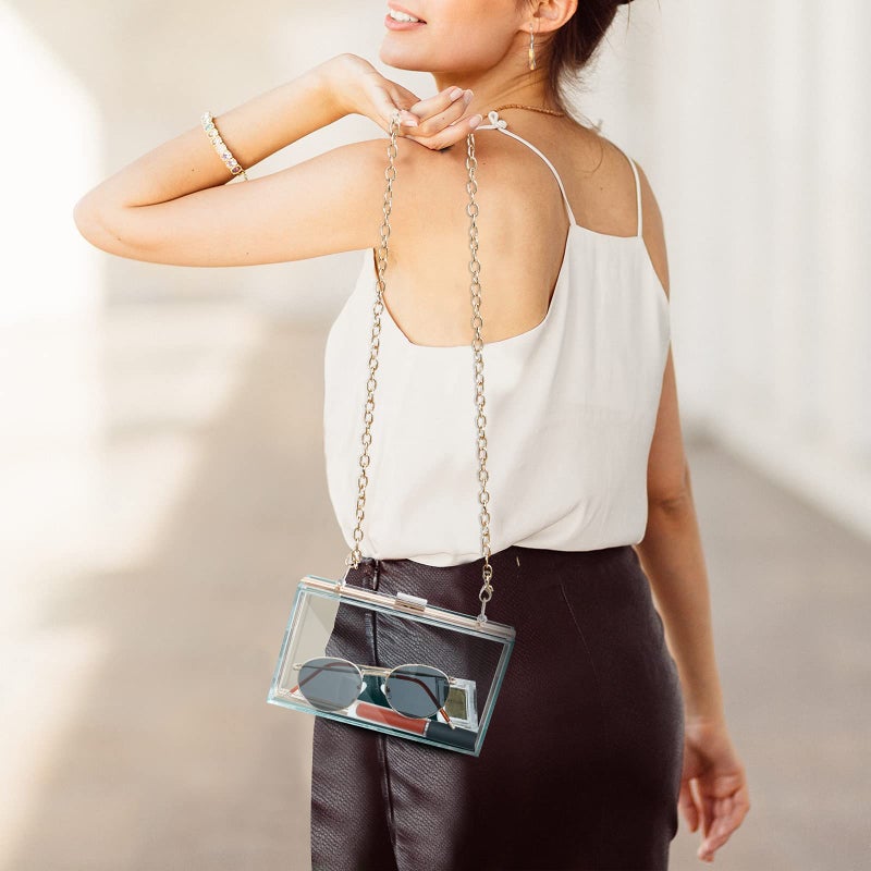 WJCD Women Clear Purse Acrylic Box Clutch Handbag, Small Transparent Crossbody Evening Bag Stadium Approved Gold Chain Strap (light blue) - Image 5